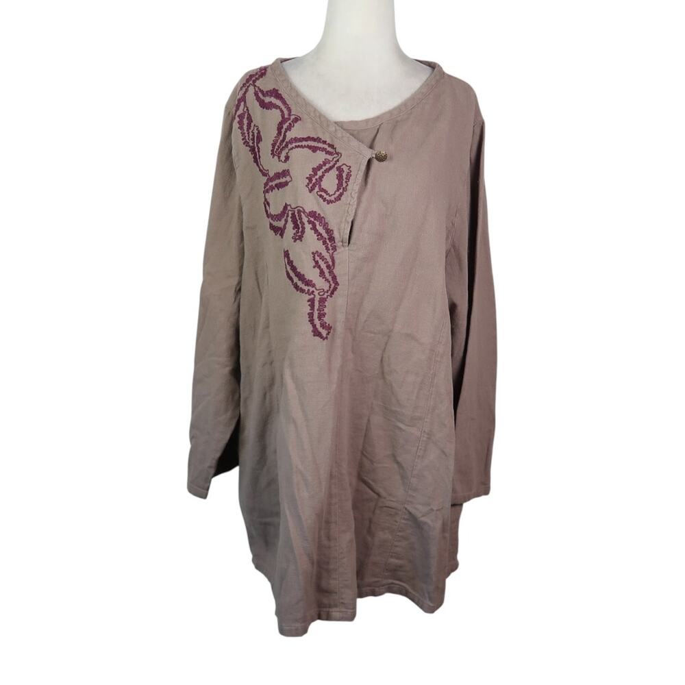 Soft Surroundings Cotton Taupe Tan Purple Embroidered Tunic Top 1X